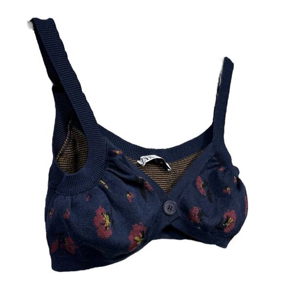 Zara Navy Blue Floral Knit Bralette Crop Top / Size-Medium - Picture 4 of 8